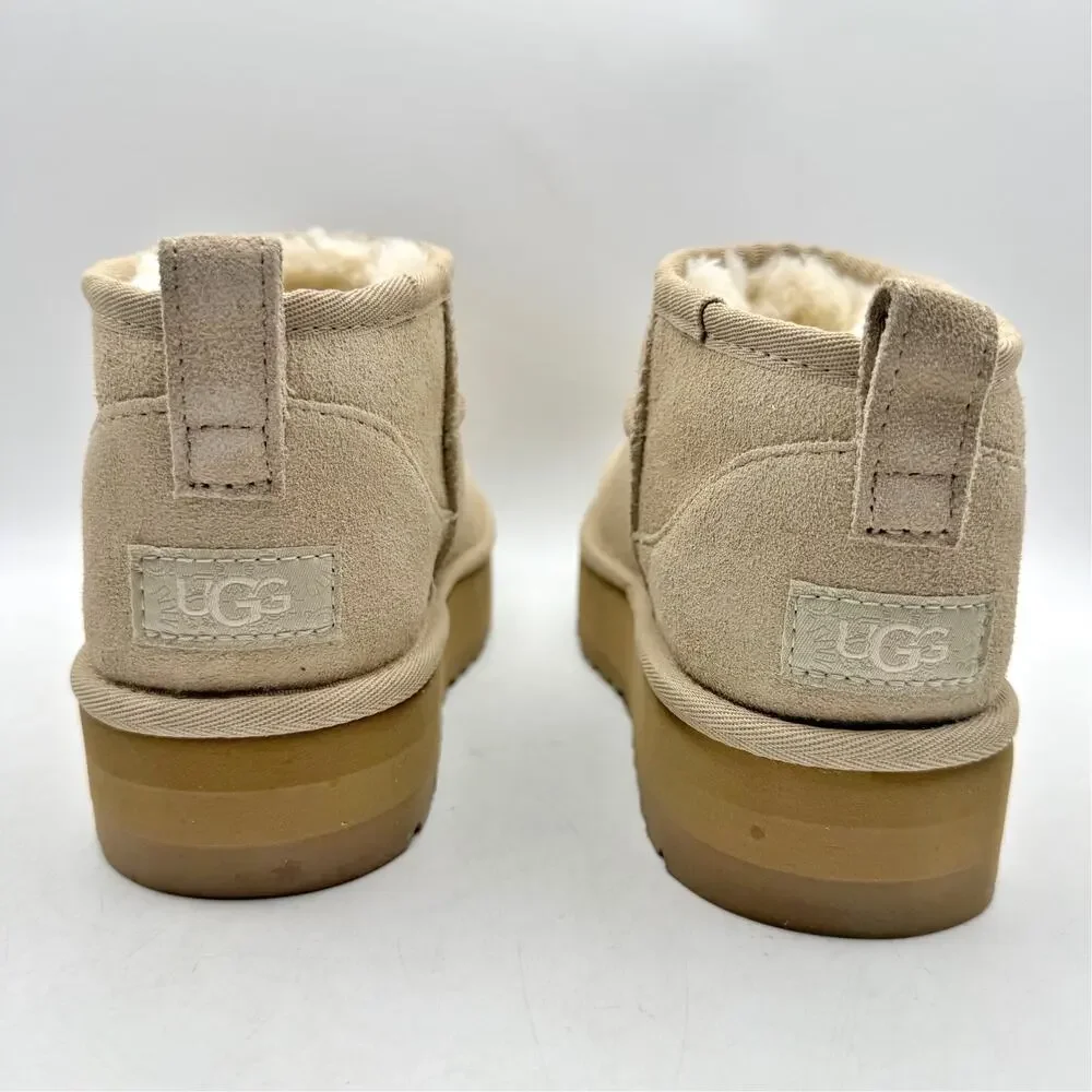 UGG Women Classic Ultra Mini Platform Boot US 5 Sand Suede Fur Plush Lining NWOB